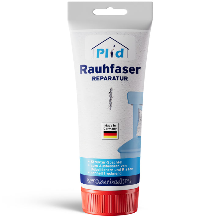 Eine Tube plid Rauhfaser Reparatur-Spachtel für Strukturtapeten und Dübellöcher kommt in einer weiß-blauen Verpackung mit einer Produktinformation und einer kleinen Deutschlandflagge auf dem Etikett.