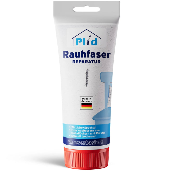Eine Tube plid Rauhfaser Reparatur-Spachtel für Strukturtapeten und Dübellöcher kommt in einer weiß-blauen Verpackung mit einer Produktinformation und einer kleinen Deutschlandflagge auf dem Etikett.