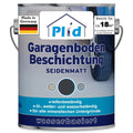 Eine Plid-Dose mit Plid® Garagenbodenbeschichtung mit Reifenbild, Deutschlandflagge und Symbolen für Öl-, Wetter- und Wasserbeständigkeit. Ideal als Garagenbodenfarbe für Beton & Estrich; deckt ca. 18m² ab, lösemittelarm & wasserbasiert.