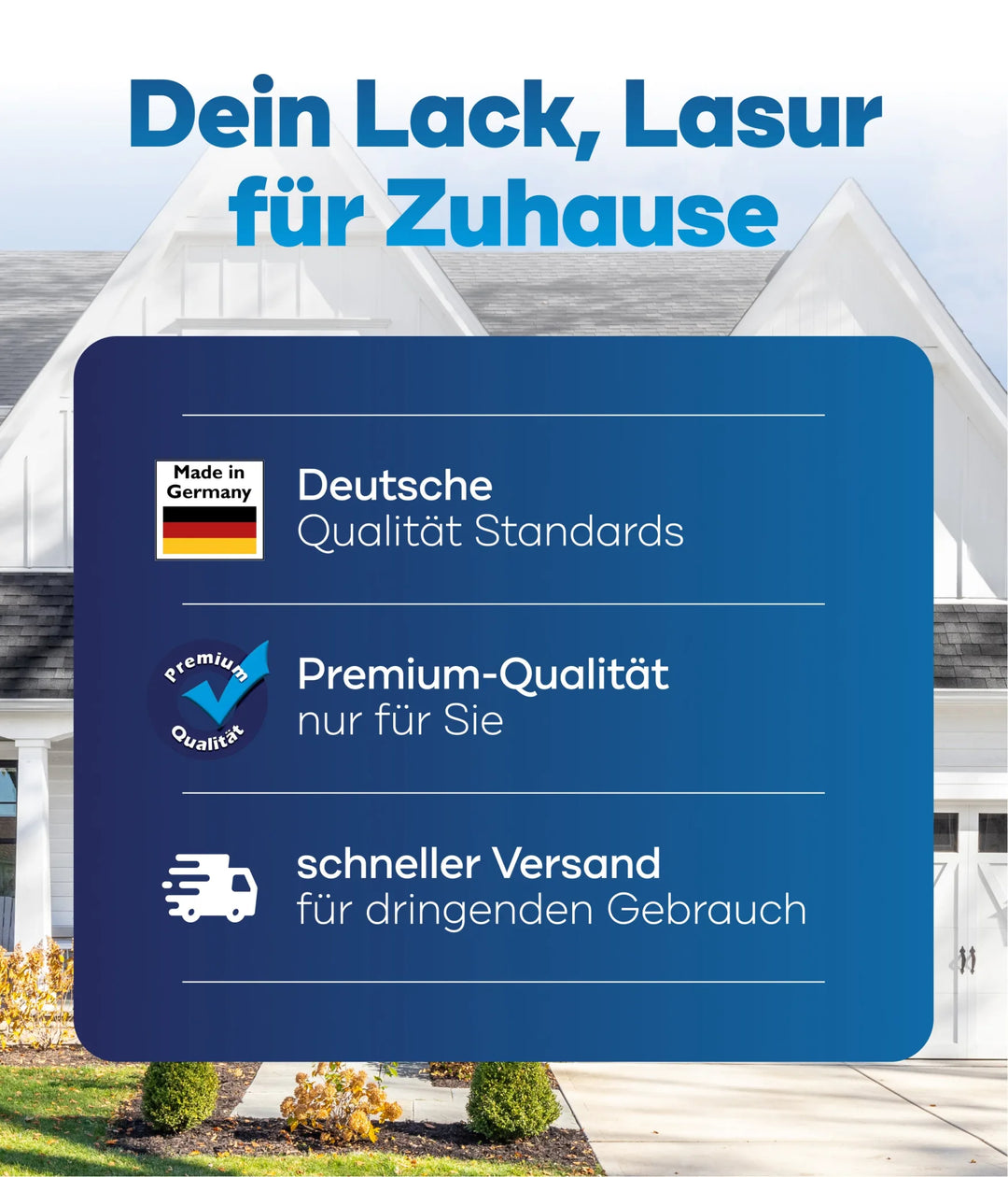 Werbegrafik mit einem Haus als Hintergrund und Text in Deutsch: Silikon Fassadenfarbe - Anstreichset - Abdeckvlies von plid. Deutsche Qualität, Premium-Standard, schnelle Lieferung - perfekt für wetterbeständige Fassadenrenovierung.