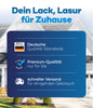 Werbung für das plid Silikon Fassadenfarbe Anstreichset: wetterbeständig, Premium-Qualität nach deutschen Standards, schneller Versand. Im Hintergrund ein helles Wohnhaus.