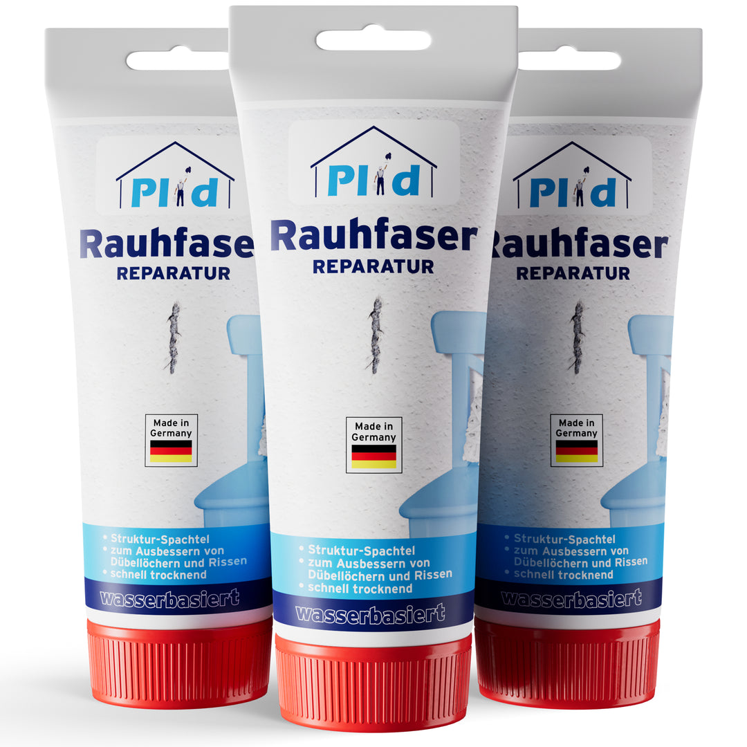 Drei Tuben plid Rauhfaser Reparatur-Spachtel mit roten Kappen und weiß-blauen Etiketten, beschriftet mit "Made in Germany" - perfekt für Wandreparaturen und zum Füllen von Dübellöchern. Die Tuben sind nebeneinander abgebildet.