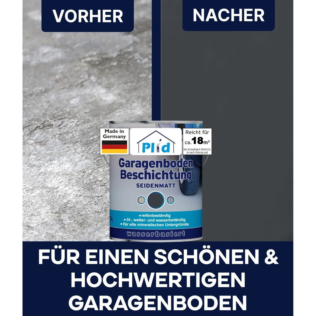 Teilbild eines Garagenbodens vorher (blank) und nachher (glatt grau), mit plid Plid® Garagenbodenbeschichtung - Bodenfarbe für Beton &amp; Estrich Dose in der Mitte; der deutsche Text hebt die robuste, leicht zu verarbeitende, lösemittelarme Qualität für schöne Böden hervor.