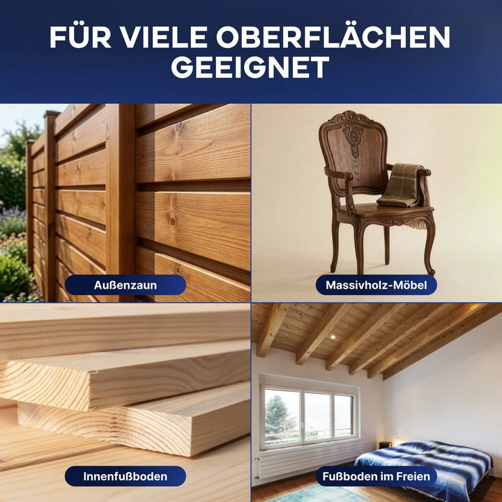 Vier Bilder zeigen Holzoberflächen: einen Außenzaun mit plid Holzschutzlasur außen wetterfest &amp; atmungsaktiv, einen antiken Massivholzstuhl, gestapelte Holzbretter für Innenfußböden und einen Holzboden mit Holzdecke im Schlafzimmer.