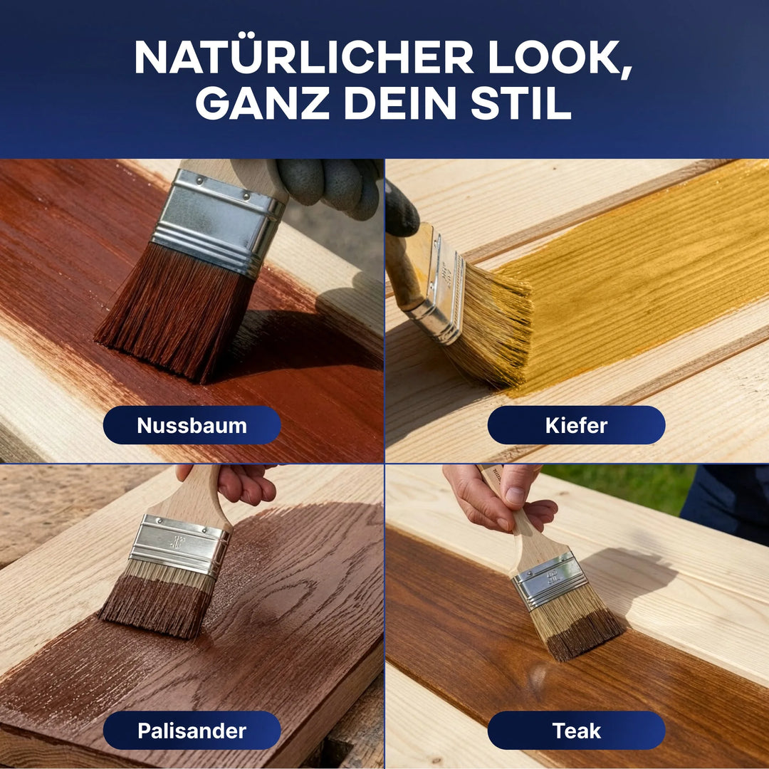 Vier Bilder zeigen Hände, die plid Holzschutzlasur außen wetterfest &amp; atmungsaktiv in Nussbaum, Kiefer, Palisander und Teak anbringen - ideal zum Holzschutz für draußen und einen natürlichen Look, ganz nach deinem Stil.