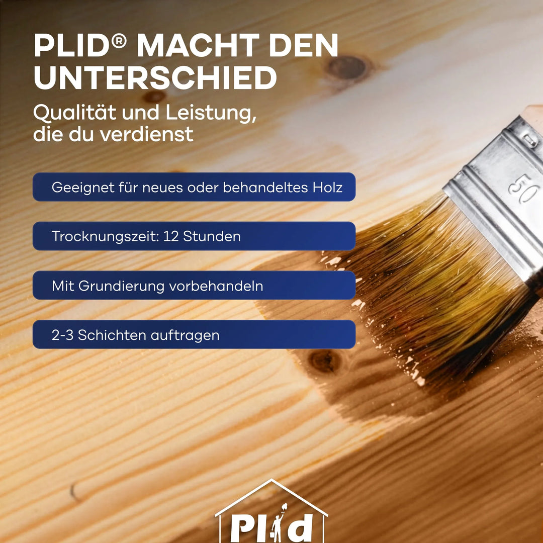 Mit einem Pinsel wird plid Holzschutzlasur außen wetterfest &amp; atmungsaktiv aufgetragen, ein Premium-Finish für neues oder behandeltes Holz. Die Verwendung einer Grundierung wird empfohlen; 2-3 Anstriche auftragen. Trocknet in 12 Stunden und schützt den Außenbereich effektiv.
