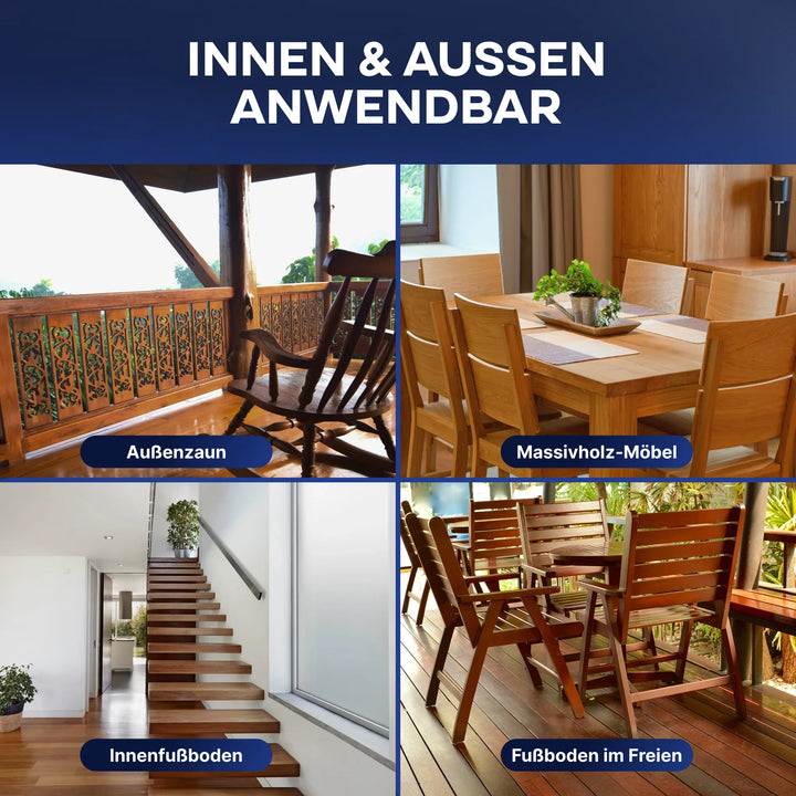 Collage mit vier Bildern: ein Holzzaun für den Außenbereich, ein wetterfestes Esstischset, eine Treppe für den Innenbereich und eine Sitzgelegenheit für den Außenbereich - alle in deutscher Sprache für den Innen- und Außenbereich beschriftet. Zeigt die Vielseitigkeit von plid Holzlasur - Anstreichset.