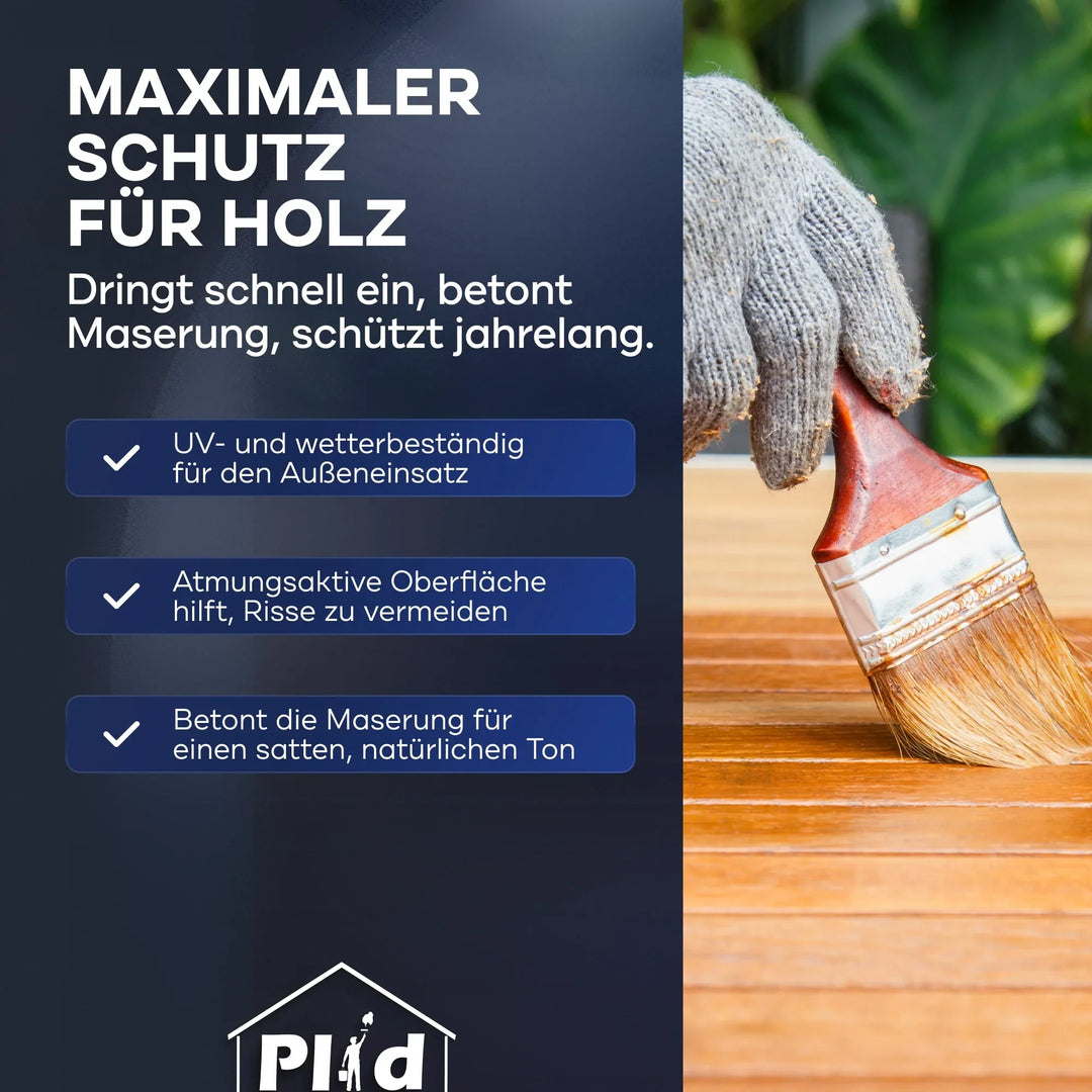 Eine Hand mit grauem Handschuh trägt mit dem Holzlasur-Anstreichset von plid eine wetterfeste Lasur auf Holz auf. Links werden Vorteile wie UV-Beständigkeit und betonte Maserung hervorgehoben.