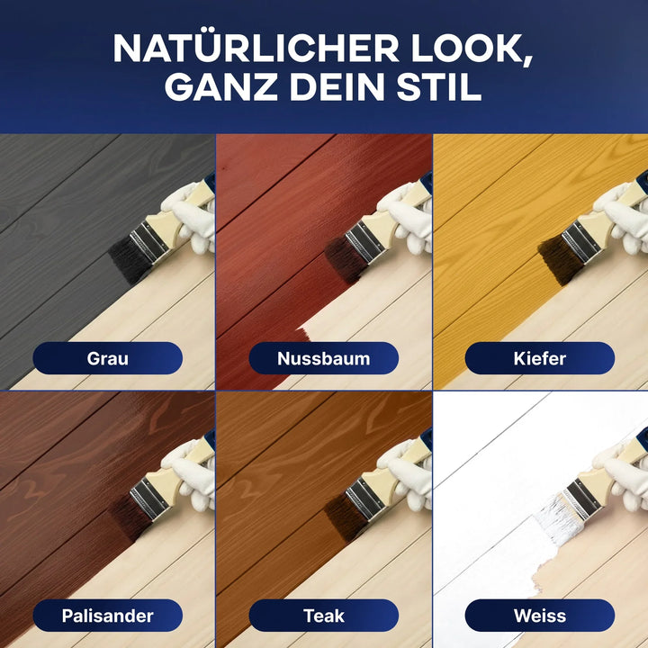 Sechs Bilder zeigen behandschuhte Hände, die plid Holzlasur - Anstreichset auf Bretter in Grau, Nussbaum, Kiefer, Palisander, Teak und Weiß auftragen. Jeder Abschnitt ist beschriftet: Natürlicher Look, ganz dein Stil - für optimalen Holzschutz.