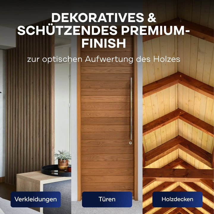 Ein Werbebild zeigt das Holzlasur - Anstreichset von plid auf einer Wandverkleidung, einer modernen Holztür und einer Gewölbedecke. Der Text betont die dekorative und schützende Premium-Holzpflege für dauerhafte Schönheit.
