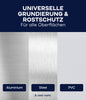 Unter der Überschrift "Plid Allgrund - Universal-Haftgrund für Metall, Holz & Kunststoff" sind drei beschriftete Flächen - Metall, Holz und Kunststoff - mit der Marke plid und "& viele mehr" auf blauem und grauem Hintergrund dargestellt.