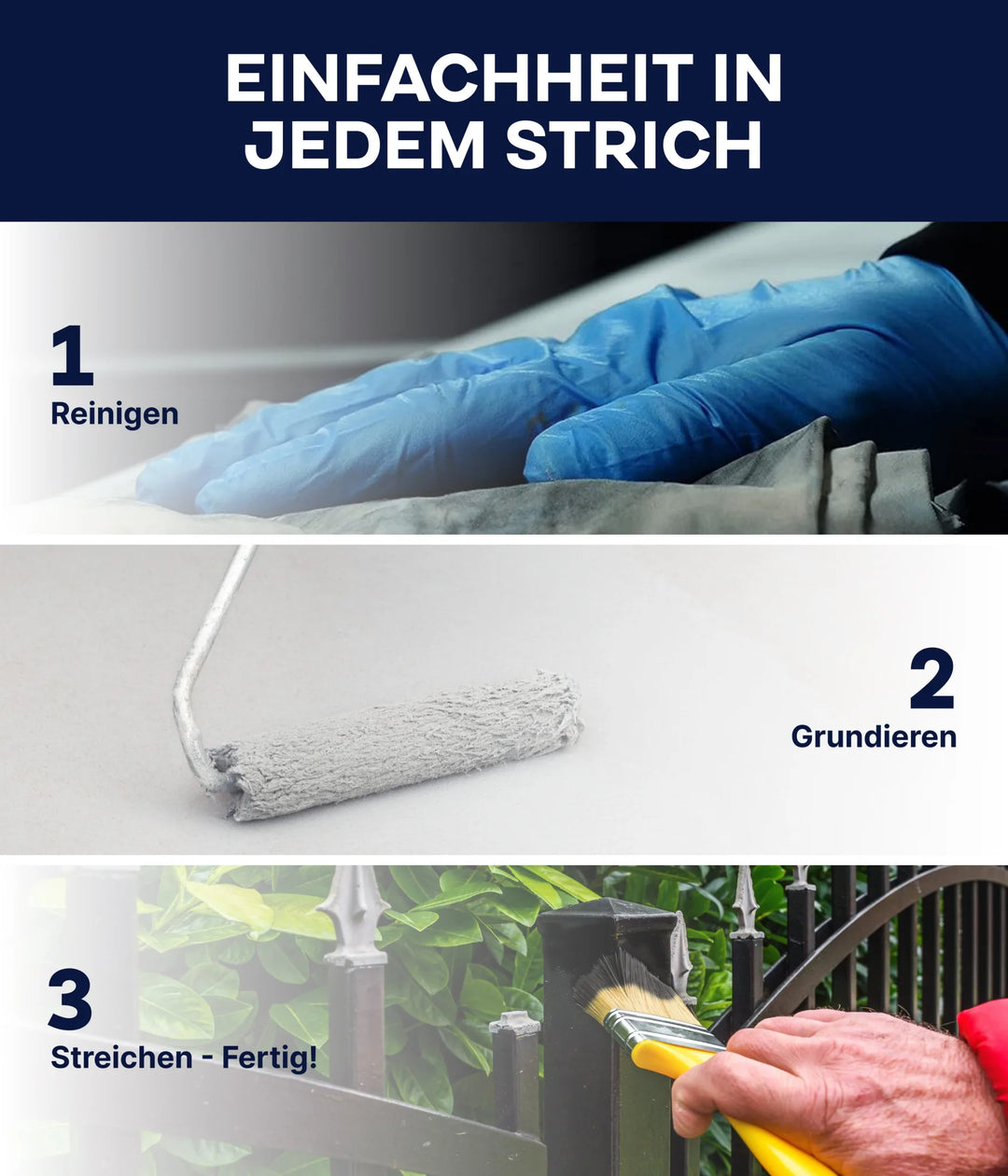 Anleitung in drei Schritten: 1. Handschuh reinigt Oberfläche, 2. Walze trägt plid Allgrund - Anstreichset auf, 3. Hand streicht Metallzaun für Top Korrosionsschutz. Einfachheit in jedem Strich (Simplicity in every stroke).