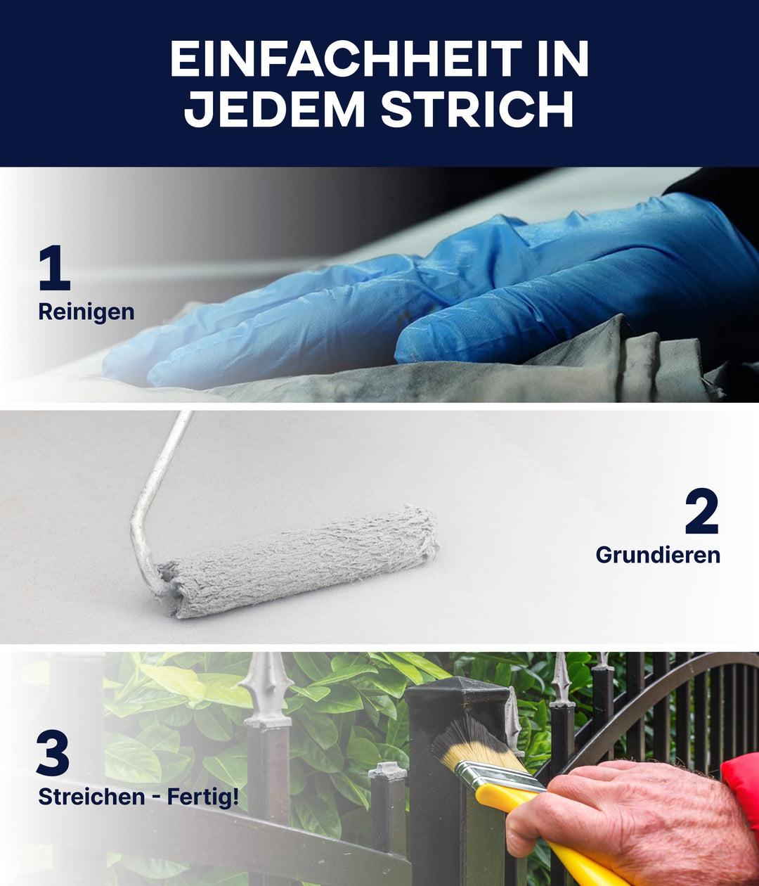 Anleitung zum Streichen in drei Schritten: Zuerst wird der Untergrund mit Handschuhen gereinigt, dann wird mit einer Rolle die Grundierung plid Plid Allgrund aufgetragen und schließlich wird mit einem Pinsel ein schwarzer Metallzaun gestrichen. Jeder Schritt ist auf Deutsch beschrieben.