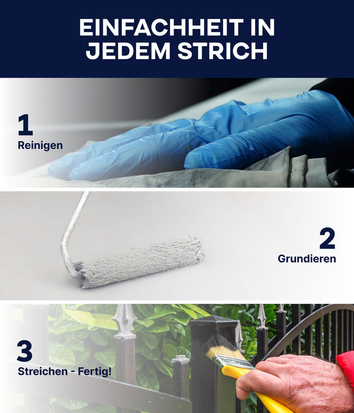 Anleitung zum Streichen in drei Schritten: Zuerst wird der Untergrund mit Handschuhen gereinigt, dann wird mit einer Rolle die Grundierung plid Plid Allgrund aufgetragen und schließlich wird mit einem Pinsel ein schwarzer Metallzaun gestrichen. Jeder Schritt ist auf Deutsch beschrieben.