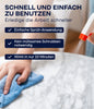Eine Hand sprüht plid Plid Anlauger - reinigt & entfettet Holz, Metall & Zink auf eine Marmoroberfläche, während eine andere mit einem blauen Tuch wischt. Einfaches Aufsprühen - kein Schrubben erforderlich. Erzielen Sie eine effektive Oberflächenreinigung in nur 10 Minuten.