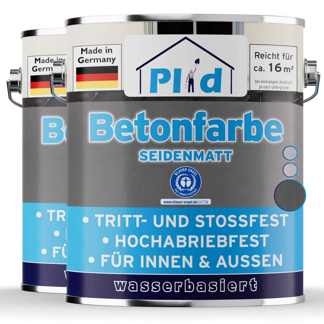 Zwei Dosen plid Betonfarbe für Böden &amp; Wände - abriebfest &amp; wetterbeständig, eine Farbe auf Wasserbasis für den Innen- und Außenbereich. Made in Germany, ideal für dauerhafte Anstriche auf Betonböden und -wänden.