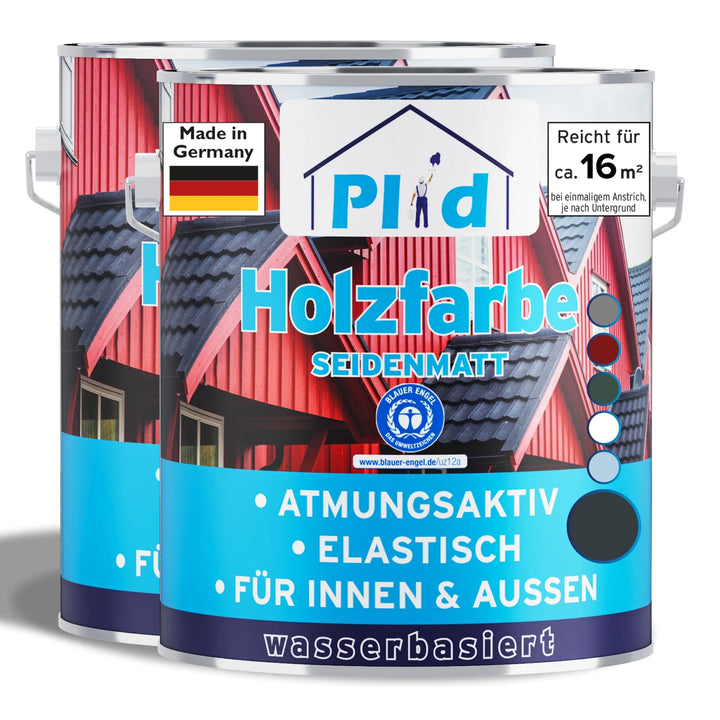 Abgebildet sind zwei Dosen plid Wetterschutz Holzfarbe in seidenmatter Ausführung mit blau-weißen Etiketten mit Hausmotiv, Deutschlandflagge und Angaben wie Made in Germany, wasserbasiert und optimal Holzschutz.