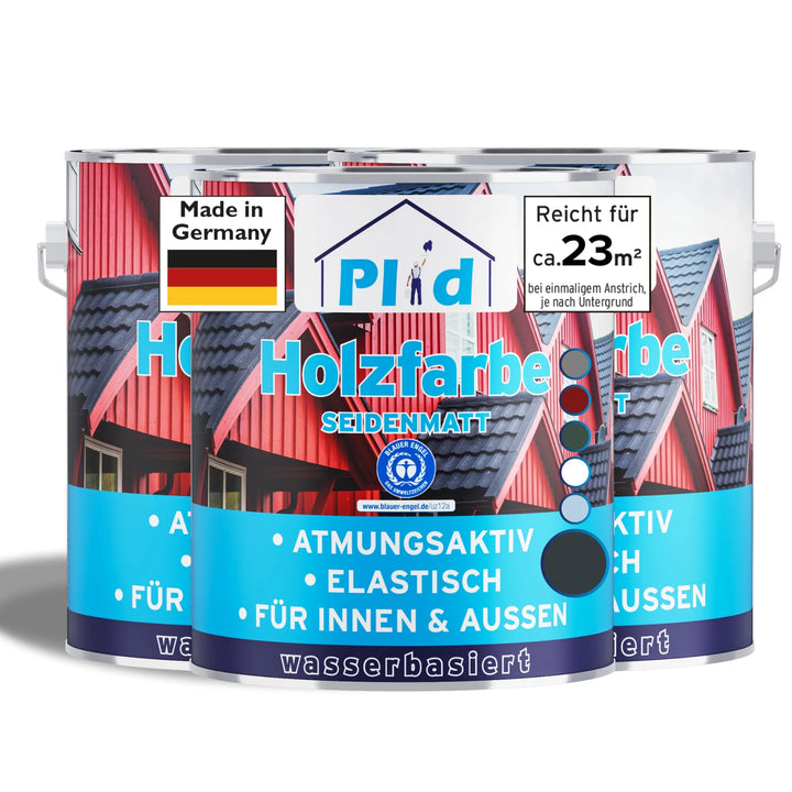 Drei Dosen plid Wetterschutz Holzfarbe - deckend &amp; wetterfest für innen &amp; außen, blaues Etikett mit der Aufschrift "Holzfarbe Seidenmatt, Made in Germany, Reicht für ca. 23m²"; die Dosen zeigen ein Haus mit roten Holztafeln.