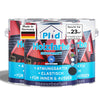 Drei Dosen plid Wetterschutz Holzfarbe - deckend & wetterfest für innen & außen. Seidenmatte, atmungsaktive, elastische Formel für lang anhaltenden Schutz. Auf Wasserbasis, made in Germany, mit blauem Etikett, auf dem ein rotes Holzhaus abgebildet ist.