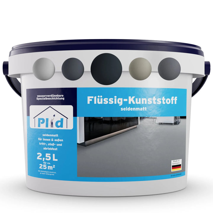 Ein weißer Kunststoffeimer von plid Flüssigkunststoff Bodenbeschichtung für Innen &amp; Außen - Betonfarbe, mit blauem Deckel und Griff, beschriftet mit seidenmatt und einem grauen Bodenbild, deckt mit 2,5 L bis zu 25 m² ab.
