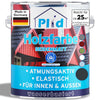 Eine Dose plid "Plid Wetterschutz Holzfarbe - deckend & wetterfest für innen & außen" zeigt rote Holzhäuser, die deutsche Flagge und Holzsymbole. Die wasserbasierte, elastische, atmungsaktive Farbe deckt 25 m² ab, bietet langfristigen Wetterschutz und wird in Deutschland hergestellt.