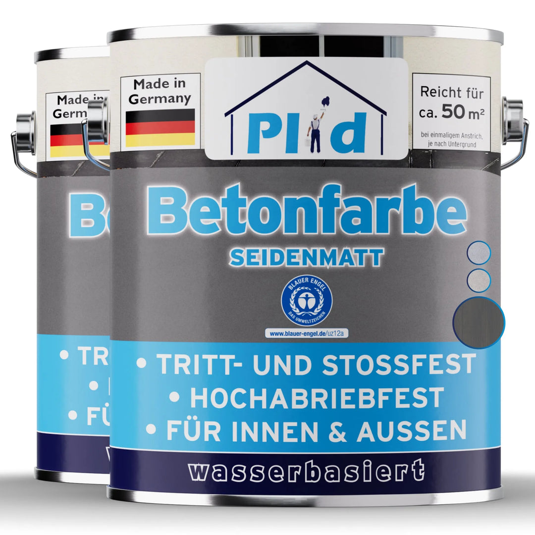 Zwei Dosen plid Plid Betonfarbe für Böden &amp; Wände - abriebfest &amp; wetterbeständig sind mit einem blau-weißen Etikett mit deutschem Text, Piktogrammen und einem Hauslogo abgebildet, das die wasserbasierte Haltbarkeit für die Verwendung im Innen- und Außenbereich hervorhebt.