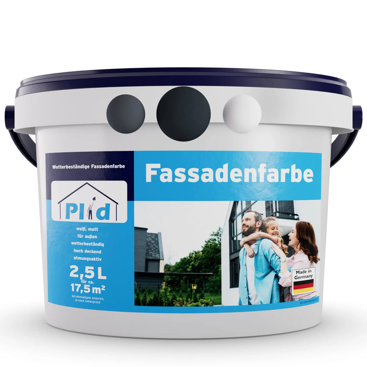 Ein weißer und blauer 2,5-L-Kunststoffeimer von plid Fassadenfarbe wetterfest &amp; diffusionsoffen für Außenwände zeigt eine lächelnde Familie, einen deutschen Text und Icons. Diese Außenfarbe bietet hervorragenden Wetterschutz für Hausfassaden.
