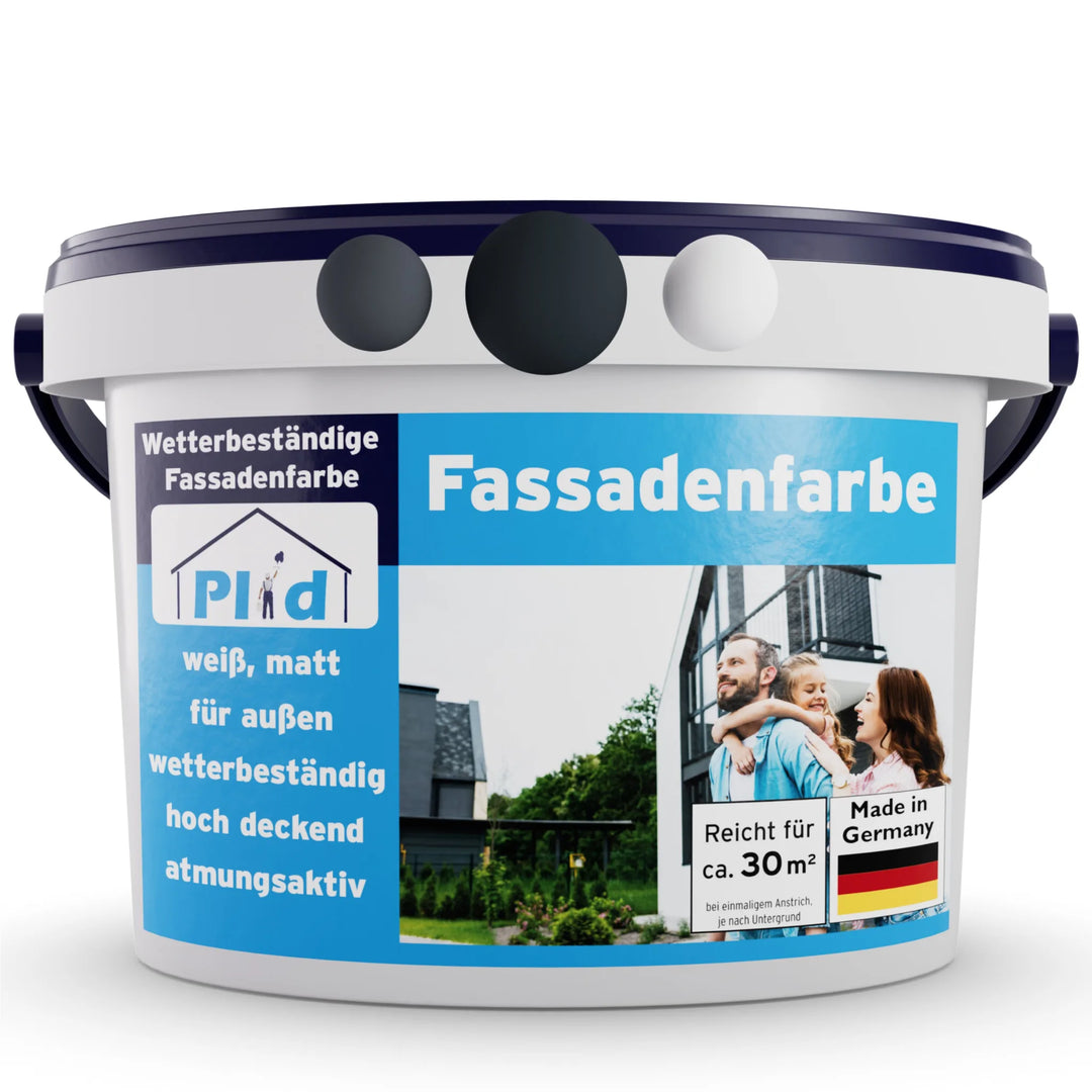 Ein weißer und blauer plid Fassadenfarbe wetterfest &amp; diffusionsoffen für Außenwände Farbeimer, der eine Familie zeigt, die ihr Haus bewundert. Diese matte, wetterfeste weiße Außenfarbe wird in Deutschland hergestellt.