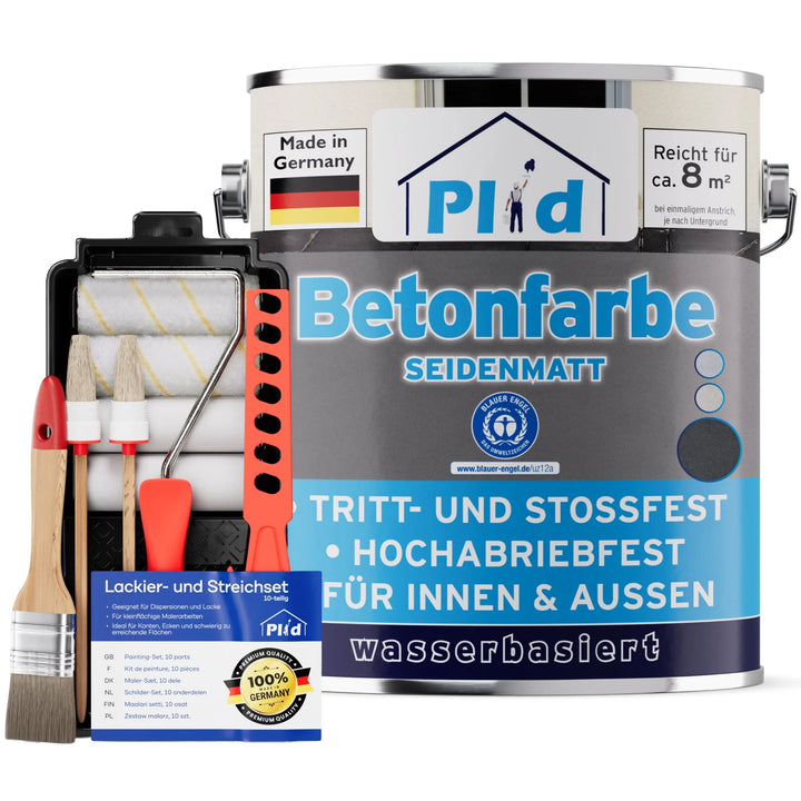 Das plid Betonfarbe - Anstreichset enthält eine große Dose seidenmatte, wasserbasierte Farbe für den Innen- und Außenbereich, Pinsel, Rollen, eine Farbwanne und eine Gebrauchsanweisung.
