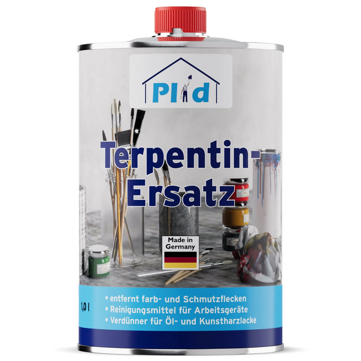 Eine Metalldose plid Plid Terpentin-Ersatz - geruchsarm &amp; vielseitig einsetzbar mit roter Kappe und deutschem Etikett zum Thema Kunstbedarf, made in Germany. Ideal zum Farben und Lacke verdünnen auf weißem und blauem Hintergrund.