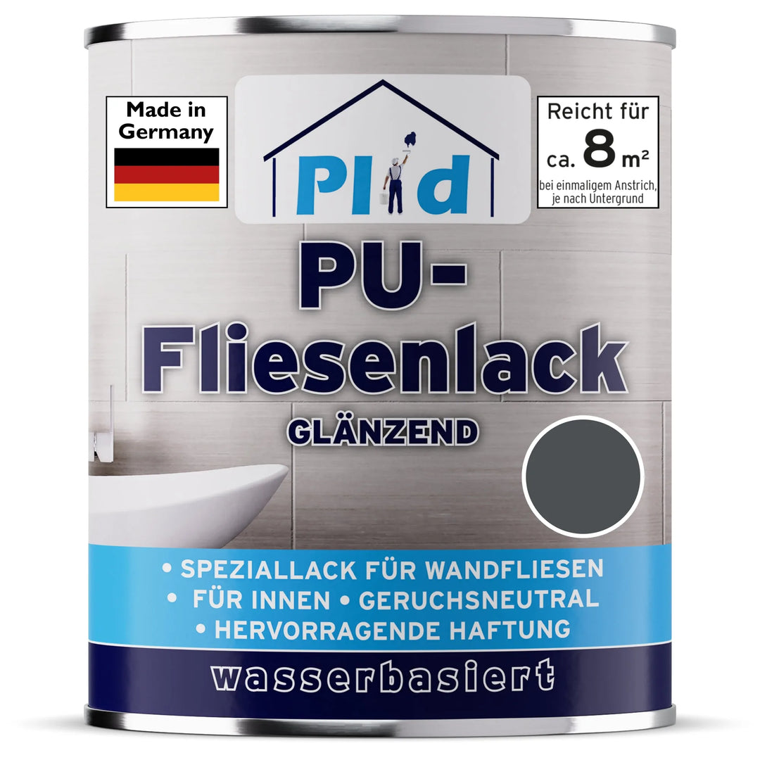 Eine Dose plid PU-Fliesenlack-haltbare &amp; wasserfeste Fliesenfarbe für Bad- &amp; Küchenwände; glänzende, wasserbasierte, geruchlose Formel mit starker Haftung, deckt ~8 m². Hergestellt in Deutschland.