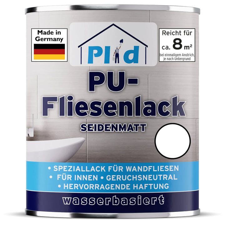 Eine Dose plid Plid PU-Fliesenlack - strapazierfähig &amp; wasserfest für Bad &amp; Küche in blau und weiß, mit Hauslogo und deutschem Text. Zu den Merkmalen gehören Geruchsneutralität, hervorragende Haftung, Verwendung in Innenräumen und wasserbasierte Formel.