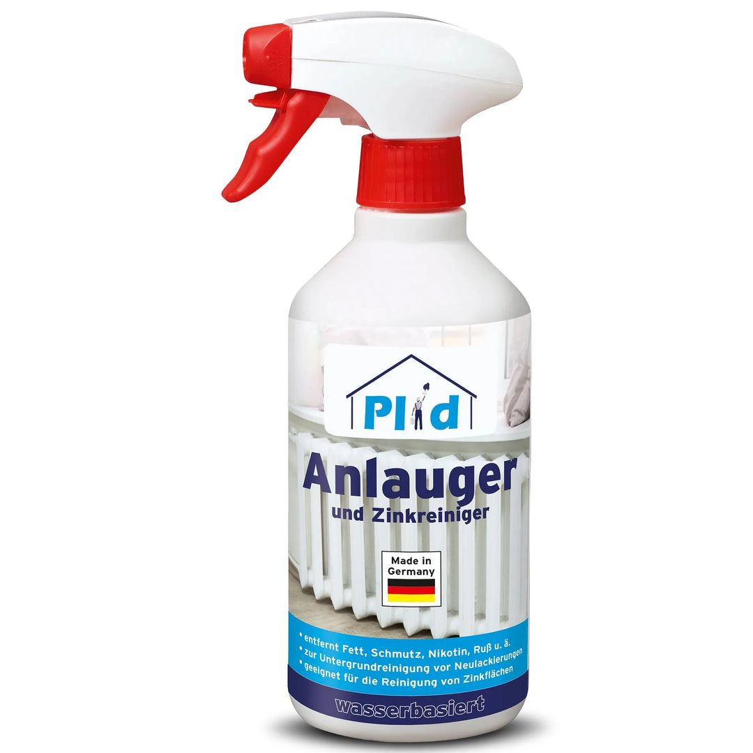 Weiße Sprühflasche mit der Aufschrift "Plid Anlauger - reinigt &amp; entfettet Holz, Metall &amp; Zink" von plid, mit Hauslogo, deutschem Text und Made in Germany mit roter Düse - perfekt zum Reinigen von Holz, Metall und Zinkoberflächen.