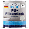 Eine Dose plid PU-Fliesenlack-strapazierfähig & wasserfest, ideal zum Renovieren von Wandfliesen in Bad & Küche. Geruchsneutral, auf Wasserbasis, für den Innenbereich, made in Germany. Deckt ca. 8 m²; mit blauen und grauen Designelementen.