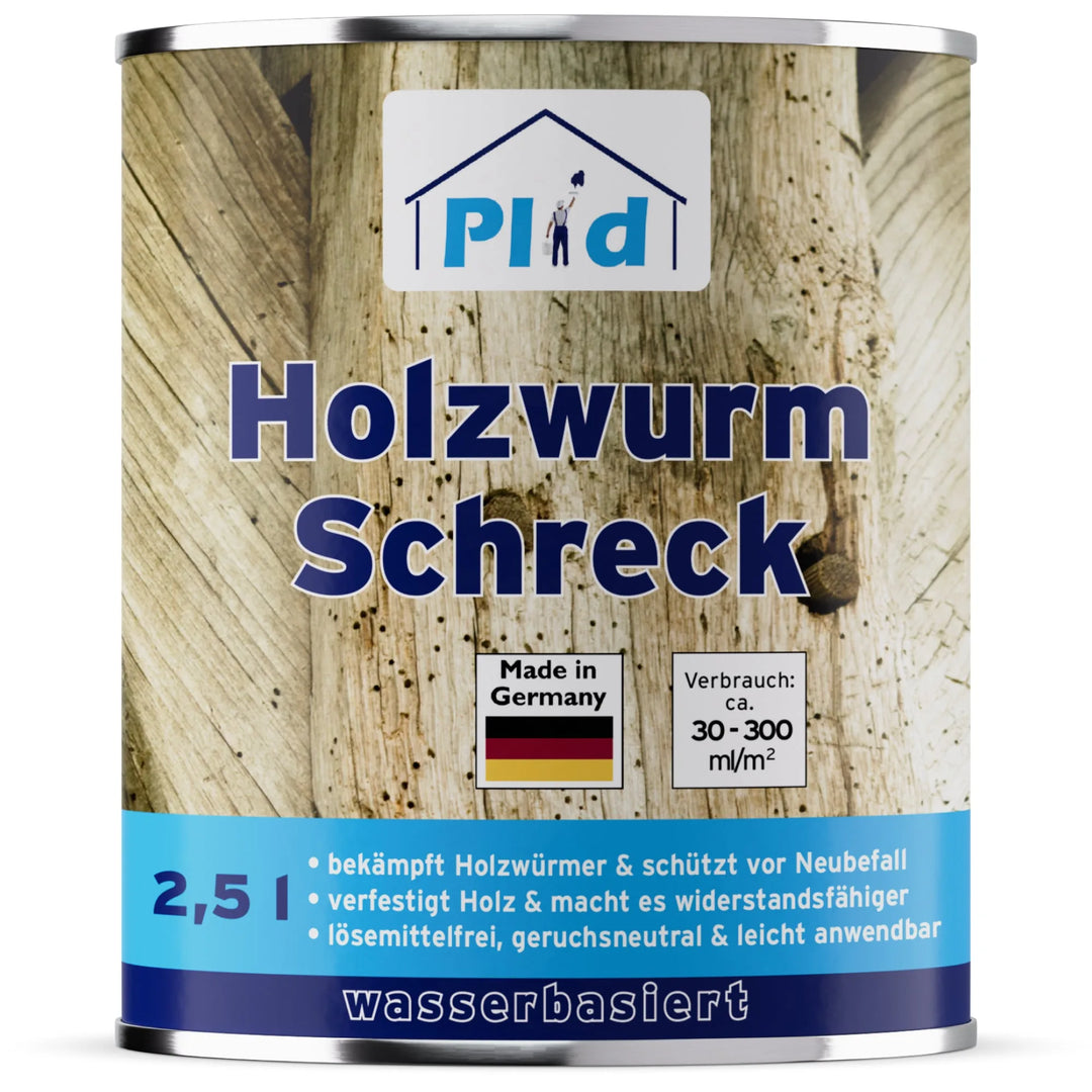 Eine Dose plid Plid Holzwurm Schreck - Effektiver Schutz vor Holzwürmern und Neubefall zeigt eine durchlöcherte Planke, eine deutsche Flagge, eine 2,5-Liter-Formel auf Wasserbasis sowie einen deutschen Text über die Vorteile des Schutzes und die effektive Holzwurmbekämpfung.