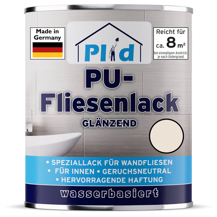 Eine Dose plid PU-Fliesenlack-haltbare, wasserbeständige Fliesenfarbe für Bad &amp; Küche. Geruchsneutral, auf Wasserbasis, stark haftend zum Fliesen renovieren, glänzendes Finish. Deckt 8 m²; blau, weiß &amp; graues Etikett. Hergestellt in Deutschland.
