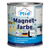 Eine 750-ml-Dose plid Magnetfarbe - haftstark & überstreichbar für viele Oberflächen, mit einem blauen Etikett in deutscher Sprache mit Symbolen und einer Tafel mit Magneten. Diese Farbe auf Wasserbasis aus Deutschland schafft magnetische Wände auf verschiedenen Oberflächen.