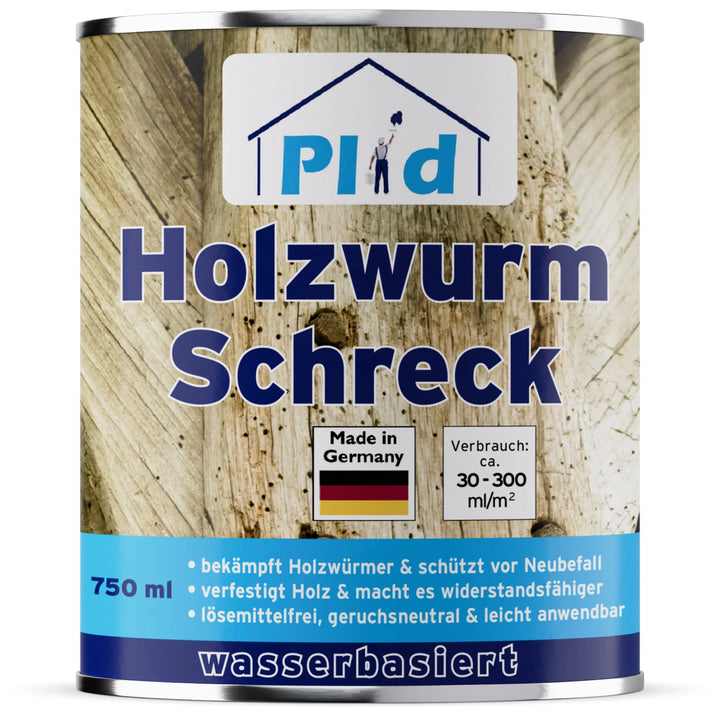 Plid Holzwurm Schreck - Effektiver Schutz vor Holzwürmern und Neubefall von plid ist ein wasserbasiertes Holzbehandlungsmittel in einer 750-ml-Dose mit deutschem Text, Anwendungshinweisen, "Made in Germany"-Plakette und Holzhintergrunddesign. Ideal für Holzwurmschutz.