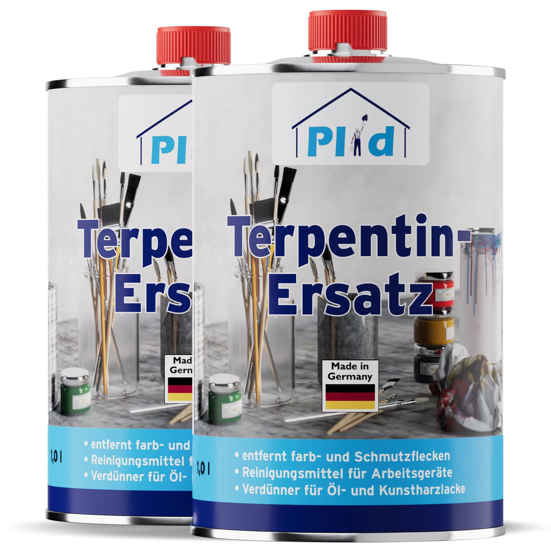 Zwei Plid Terpentin-Ersatz - geruchsarm &amp; vielseitig einsetzbar Metalldosen von plid, mit roten Deckeln und deutschen Etiketten, made in Germany-ideal zum Verdünnen von Farben und Lacke und Reinigen von Pinseln.