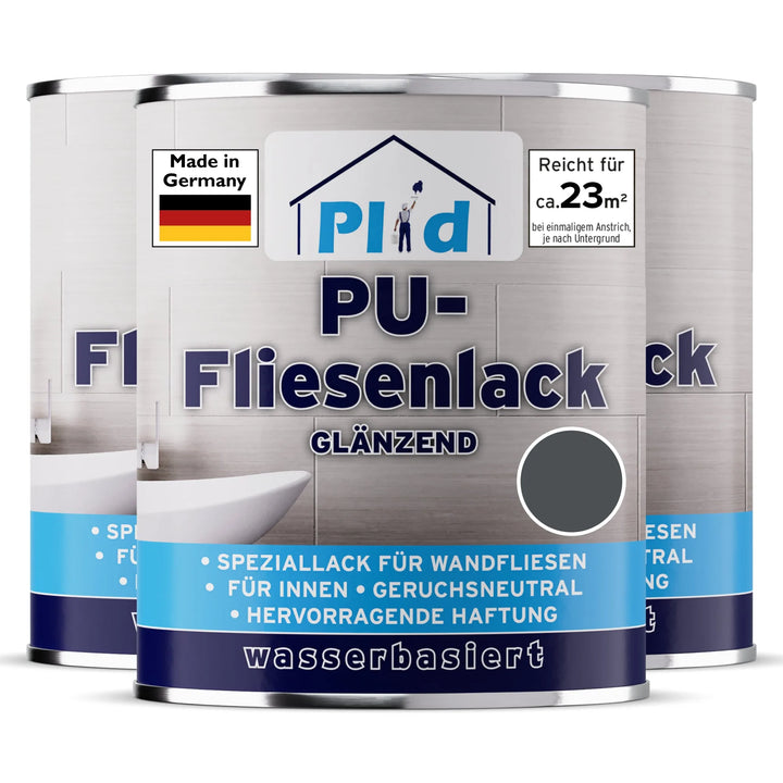Drei Dosen plid PU-Fliesenlack - strapazierfähig &amp; wasserfest für Bad &amp; Küche, mit einem grauen Muster auf dem Etikett. Die in Deutschland hergestellten, wasserbasierten Farben sind geruchsneutral und bieten eine starke Haftung - ideal für die Fliesensanierung.