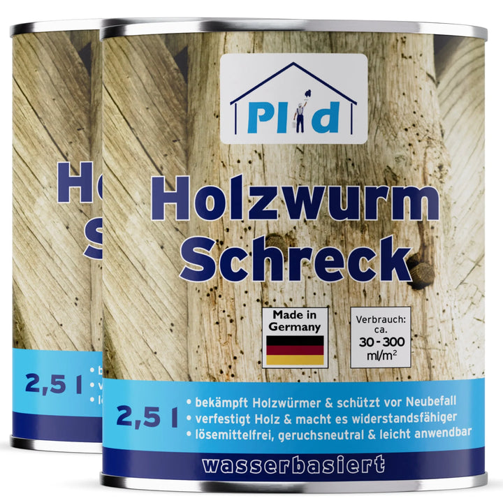 Abgebildet sind zwei Dosen plid Holzwurm Schreck - Effektiver Schutz vor Holzwürmern und Neubefall auf holzstrukturiertem Hintergrund mit blau-weißem Design, Made in Germany, Reichweitenangabe, wasserbasiert und zuverlässiger Holzschutz.