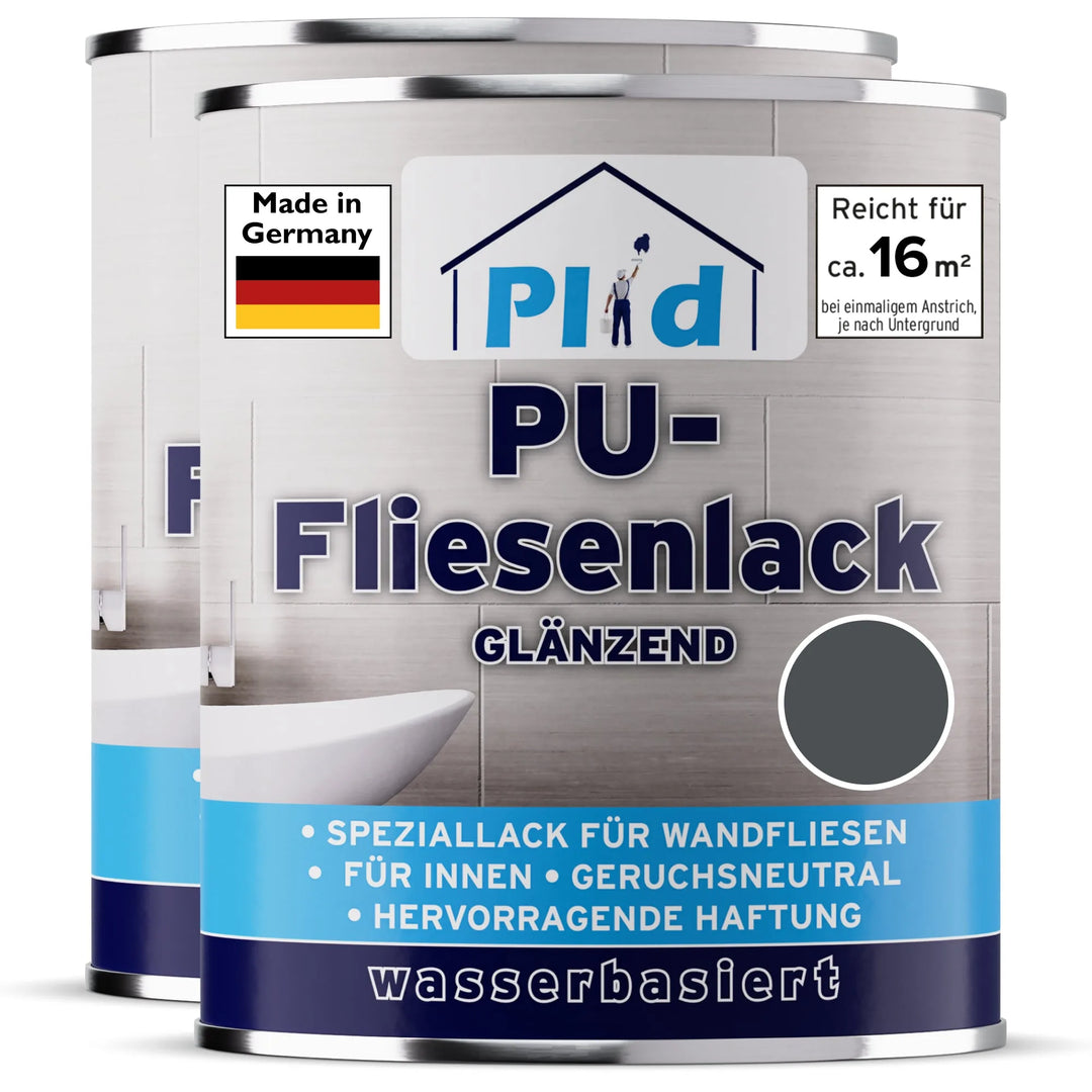 Zwei Dosen plid PU-Fliesenlack, jeweils mit dem Label "Made in Germany", sind ideal für die Renovierung von Fliesen in Bad und Küche. Die wasserbasierte Formel bietet eine hohe Haftung, ist geruchsneutral und deckt etwa 16 m².