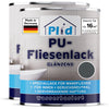 Abgebildet sind zwei Dosen plid PU-Fliesenlack - strapazierfähig & wasserfest für Bad & Küche (glänzend). Wasserbasiert, geruchsneutral, deckt bis zu 16m². Mit Deutschlandflagge und "Made in Germany"-Schriftzug. Ideal für die Fliesensanierung.