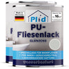 Abgebildet sind zwei Dosen plid PU-Fliesenlack - strapazierfähig & wasserfest für Bad & Küche mit deutscher Beschriftung. Die glänzende, wasserbasierte Wandfliesenfarbe deckt ca. 16 m² pro Dose, ist geruchsneutral, haftet hervorragend und wird in Deutschland hergestellt.