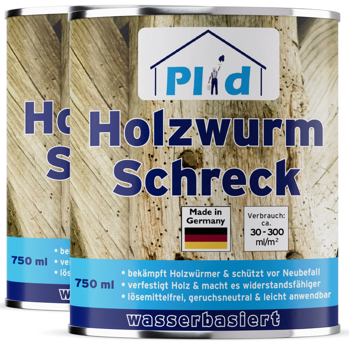 Abgebildet sind zwei Dosen plid Plid Holzwurm Schreck - Effektiver Schutz vor Holzwürmer und Neubefall, jeweils 750 ml und made in Germany, vor einem Holzhintergrund. Dieses Produkt auf Wasserbasis schützt effektiv vor Holzwurm und Neubefall.