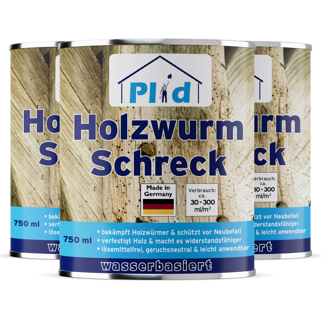 Abgebildet sind drei 750-ml-Dosen plid Holzwurm Schreck - Effektiver Schutz vor Holzwürmern und Neubefall. Das in Deutschland hergestellte Produkt auf Wasserbasis hat ein blau-weißes Etikett mit einer Holzstruktur im Hintergrund.