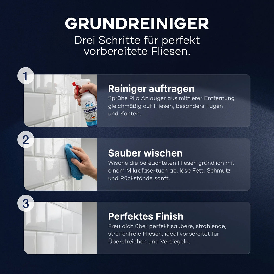 Fliesen reinigen mit plid Anlauger: 1. plid Anlauger aufsprühen, 2. mit Mikrofasertuch abwischen, 3. saubere, streifenfreie Fliesen - perfekt vorbereitet für weitere Schritte.