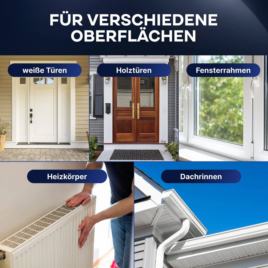 Eine Collage zeigt verschiedene Oberflächen - weiße Tür, Holztüren, Fensterrahmen, Heizung und Dachrinne - die mit plid Anlauger gereinigt werden. Jede Oberfläche ist auf Deutsch beschriftet: Türen, Holztüren, Fensterrahmen, Heizkörper, Dachrinnen.