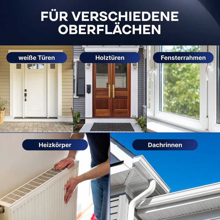 Eine Collage zeigt verschiedene Oberflächen - weiße Tür, Holztüren, Fensterrahmen, Heizung und Dachrinne - die mit plid Anlauger gereinigt werden. Jede Oberfläche ist auf Deutsch beschriftet: Türen, Holztüren, Fensterrahmen, Heizkörper, Dachrinnen.