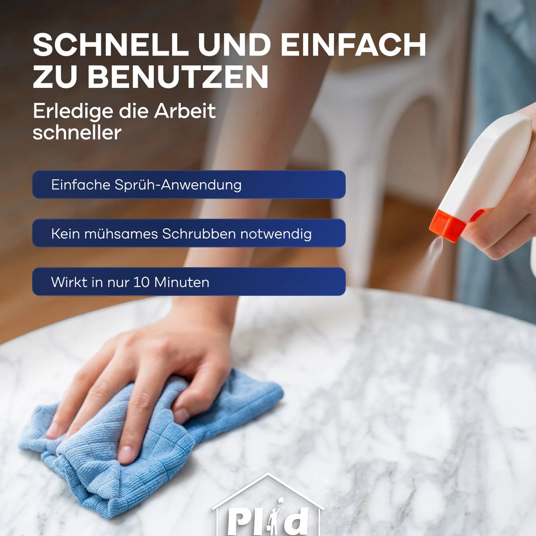 Eine Hand sprüht Plid Anlauger - reinigt &amp; entfettet Holz, Metall &amp; Zink von plid auf eine Marmoroberfläche, während eine andere mit einem blauen Tuch wischt. Der Text hebt die einfache Sprühanwendung, das nicht erforderliche Schrubben und die Wirksamkeit in 10 Minuten hervor.
